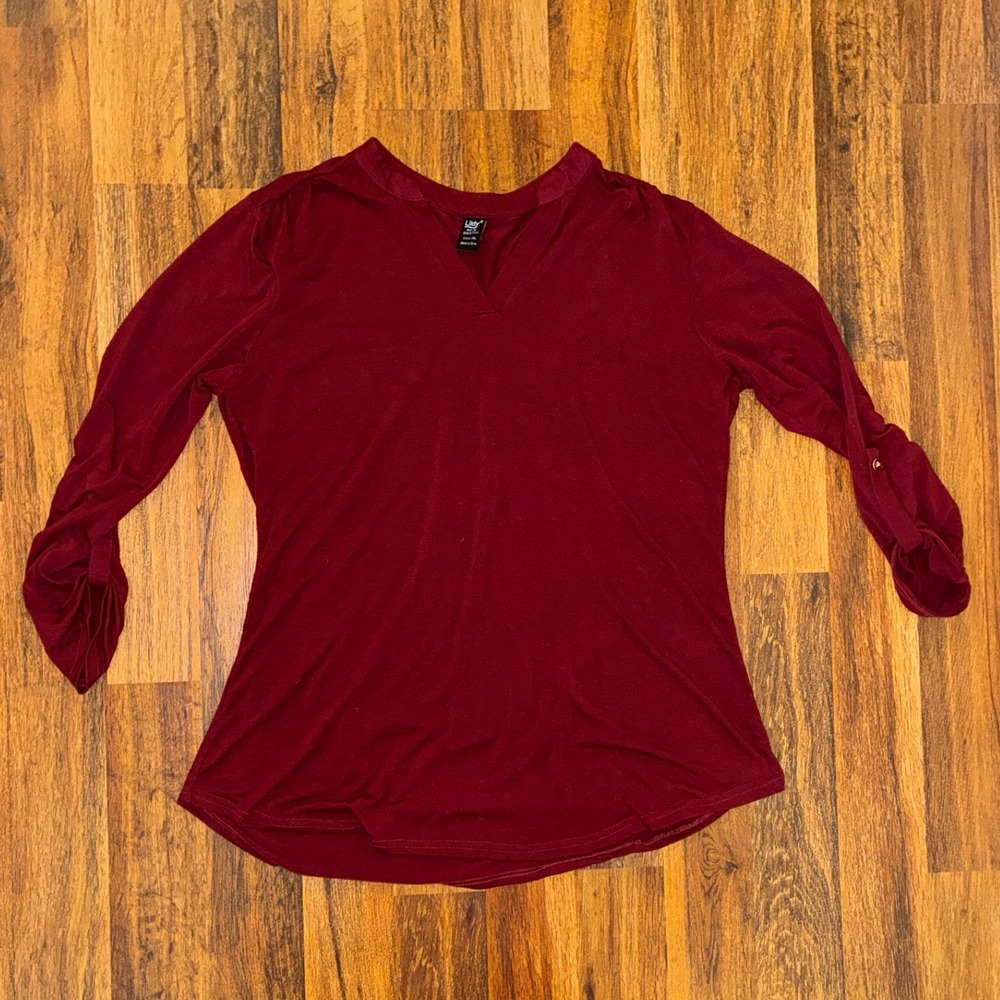 Lildy Womens Roll Up Sleeve Tunic Top Burgundy Wine V-Neck Size L-XL